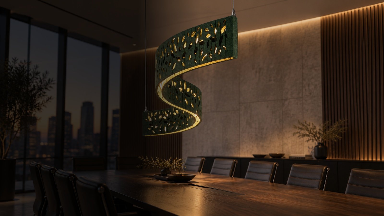 LIORA suspensa sobre mesa de reunião em sala executiva ao entardecer, com vista da cidade.