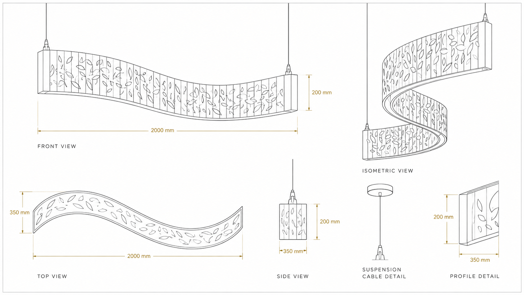 Desenho técnico da LIORA: vista frontal, superior, lateral, isométrica, detalhe de suspensão e de perfil.
