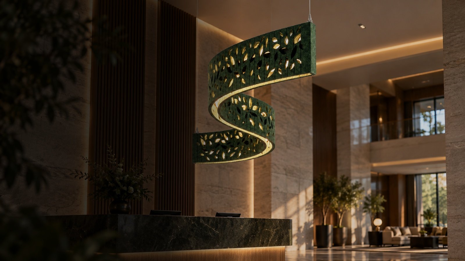 LIORA suspensa em recepção de lobby corporativo premium, com acabamento em mármore e travertino.
